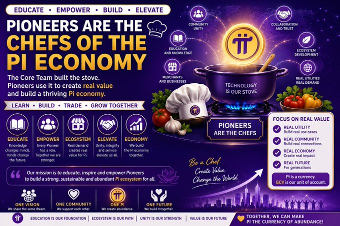A promotional infographic for Pi Network declares "PIONEERS ARE THE CHEFS OF THE PI ECONOMY," positioning the Core Team's technology as the stove that Pioneers use to create value, with icons highlighting principles like Education, Empowerment, Ecosystem, and Unity. It complements the post's emphasis on education as the first practical step, reinforcing the message that studying the Pi White Paper and Pioneer's Handbook equips users to build the Pi economy responsibly.