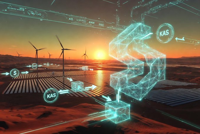 A futuristic holographic blueprint of the letter "K" (representing Kaspa) floats above a sunset desert landscape featuring wind turbines and solar arrays, with glowing "KAS" tokens and data streams flowing between wireframe cubes—visualizing the conceptual integration of Kaspa's blockchain with Dii Desert Energy's industrial renewable energy network.