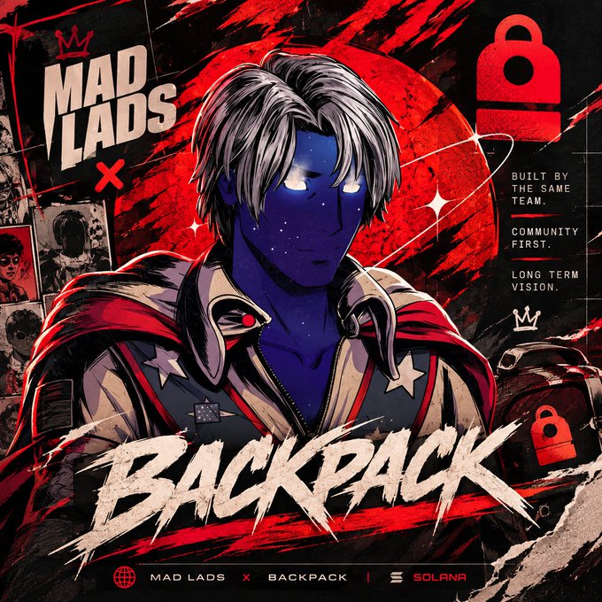 Promotional artwork for the "MAD LADS x BACKPACK" collaboration on Solana, featuring an anime-style character with silver hair and blue skin.