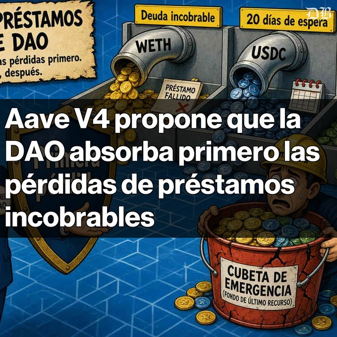 A cartoon-style illustration with text 'Aave V4 propone que la DAO absorba primero las pérdidas de préstamos incobrables' shows pipes dispensing WETH and USDC coins into buckets, representing uncollectable debt and emergency funds.