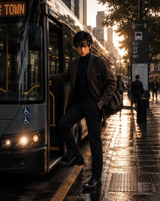 An anime-style illustration portrays a young man in dark clothing standing confidently at the open door of a city bus at sunset, with a bus stop sign showing "Bus 22 47 M1" and "TOWN" signage in the background.