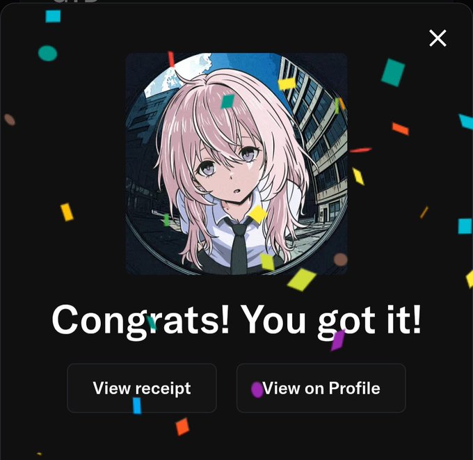A celebratory pop-up displays an anime-style pink-haired character avatar with the text "Congrats! You got it!" alongside "View receipt" and "View on Profile" buttons, while confetti rains down—commemorating the successful mint of the @momoyumemi NFT.