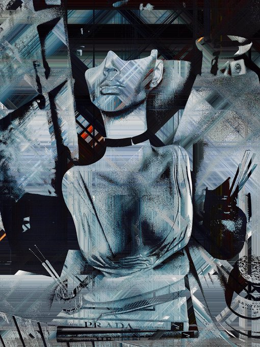 A stylized, abstract digital painting featuring a seated human figure rendered in fragmented blue and black tones, with art supplies and a book labeled 'PRADA' at the bottom.