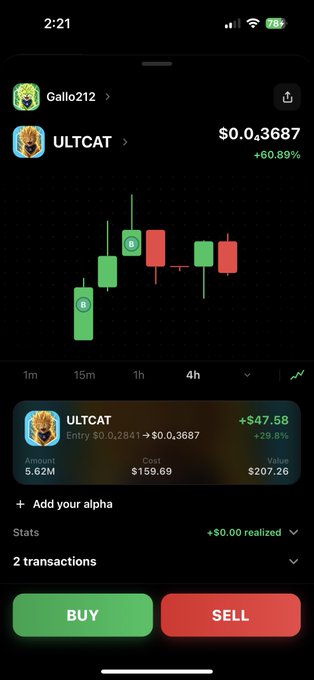 A mobile app screen displaying a token named "ULTCAT" with a price of $0.0₅3687 (+60.89%), showing a candlestick chart and BUY/SELL buttons.