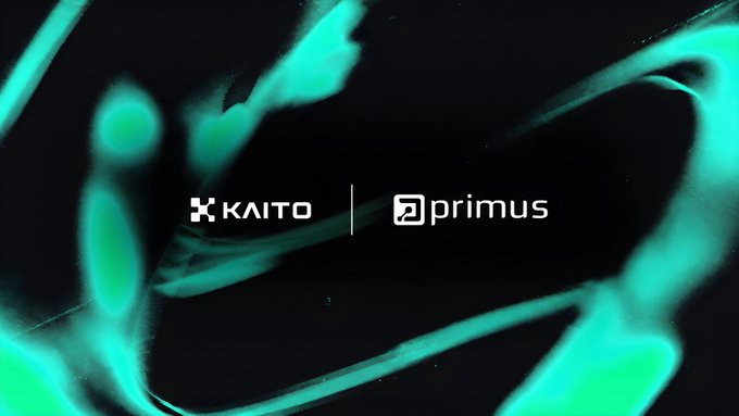 A partnership announcement graphic featuring the "KAITO" and "primus" logos side-by-side against a dark background with glowing teal-green light trails, visually promoting their collaboration to integrate zkTLS-based off-platform activity verification into Kaito Pulse.
