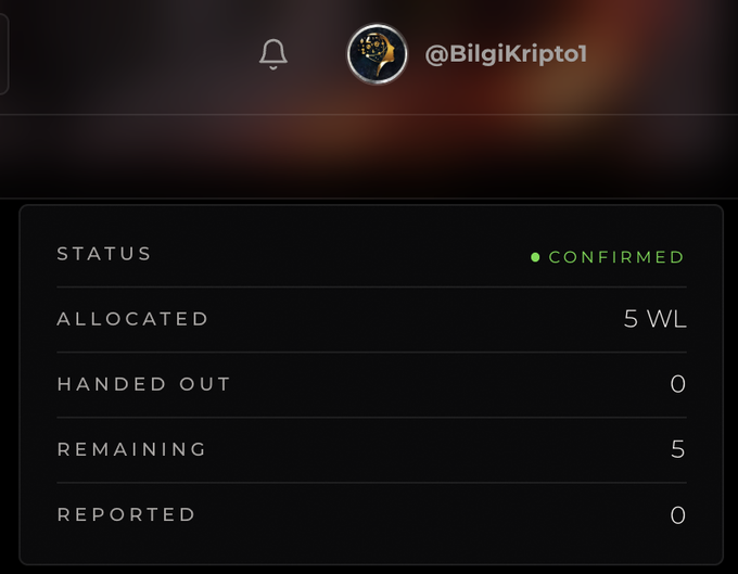 A dark-themed digital dashboard for the account '@BilgiKripto1' showing a 'CONFIRMED' status, an 'ALLOCATED' amount of '5 WL', 'HANDED OUT' at '0', 'REMAINING' at '5', and 'REPORTED' at '0'.