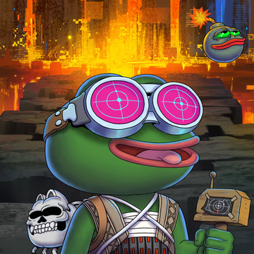 A Pepe the Frog character dressed as a post-apocalyptic adventurer with pink target goggles, a skull shoulder piece, and a chainsaw weapon, with another flying Pepe visible in the fiery city background.