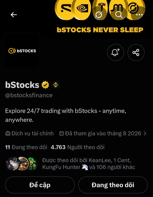 A screenshot of bStocks (@bstocksfinance) Twitter profile showing 4,763 followers and describing "24/7 trading with bStocks - anytime, anywhere," which relates to the post's claim about CZ Binance's experimental product bringing stock trading to crypto.