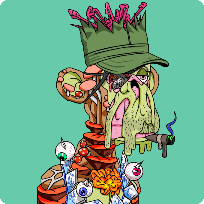 A grotesque cartoon character wearing a green cap and smoking, with a slug-like creature on its face, sitting on a throne of eyeballs and mushrooms against a teal background.