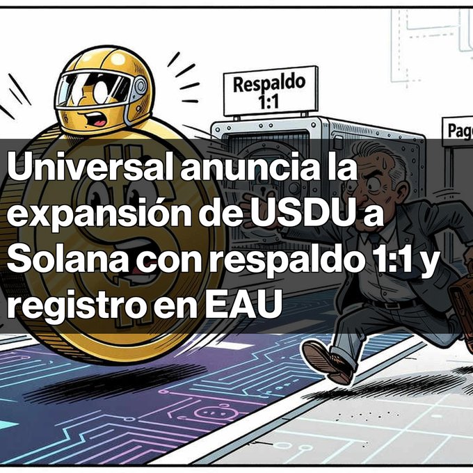 Cartoon-style financial news illustration from 'MGC' showing a gold coin character with a helmet and a businessman running, with text: 'Universal anuncia la expansión de USDU a Solana con respaldo 1:1 y registro en EAU' and a 'Respaldo 1:1' sign.