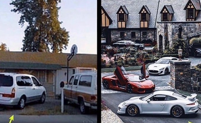 A side-by-side comparison image showing modest cars (a van and pickup truck) on the left versus luxury sports cars (Lamborghini, Jaguar, Porsche) parked at a mansion on the right.