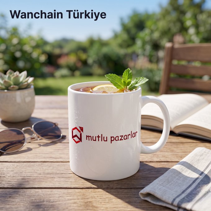 A white mug garnished with mint and lemon sits on a sunny garden table, branded with the Wanchain logo and the Turkish phrase "mutlu pazarlar" (happy Sundays). The serene outdoor setting—with an open book, sunglasses, and greenery in the background—pairs with the post's "Günaydın" (Good morning) greeting to wish the entire Wanchain community a cheerful Sunday.