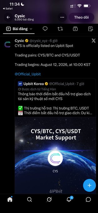A mobile Twitter/X screenshot showing a post by "Cysic" (@cysic.xyz) announcing that "CYS is officially listed on Upbit Spot" for trading pairs CYS/BTC and CYS/USDT starting August 12, 2026.