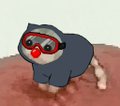 Small pixel art of a raccoon-like creature wearing a gray outfit and red goggles on a brown surface.