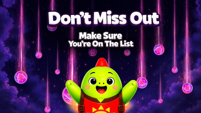 A promotional banner with the text 'Don't Miss Out - Make Sure You're On The List' featuring a smiling green cartoon character in a red outfit against a purple, starry background with floating orbs.