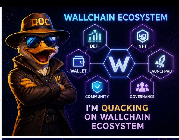 The image features a cartoon duck wearing sunglasses, standing next to a poster with various logos related to the Wallchain ecosystem. The text on the poster reads "Wallchain Ecosystem" and "I'm Quacking on Wallchain Ecosystem". This suggests that the poster is promoting or discussing the concept of the Wallchain ecosystem in an artistic manner.