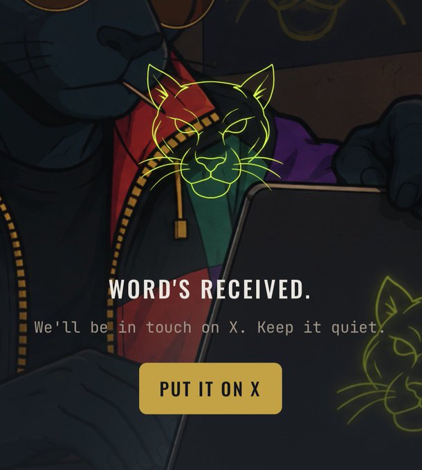 An animated-style graphic with a neon yellow cat outline over a hooded figure, displaying the text 'WORD'S RECEIVED. We'll be in touch on X. Keep it quiet.' with a 'PUT IT ON X' button.