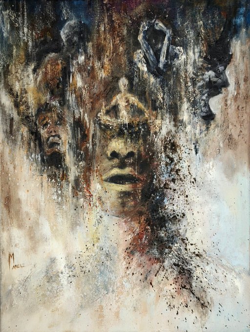 An abstract painting featuring a face emerging through textured, weathered brushstrokes in earthy tones, signed 'M. Meel' in the lower left corner.