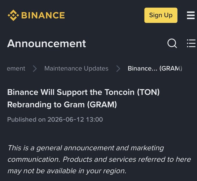 The image shows a black background with white text that reads "Binance sẽ hỗ trợ dự án TON đổi tên thành GRAM Thời gian: 10h ngày ương không biết team có tính toán gì không, nhưng nghe từ TON đổi sung GRAM tự nhiên thấy nhẹ hẳn". The text is in a block format and appears to be part of an announcement or promotional post.