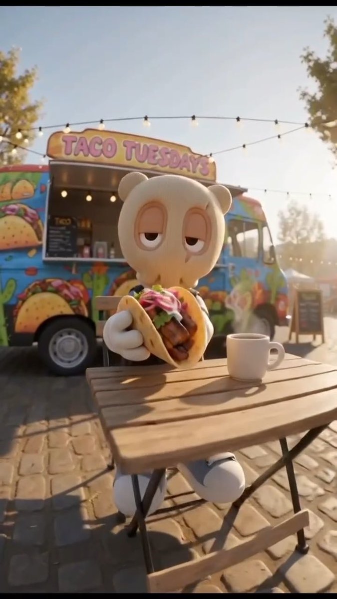 A 3D-rendered bear-like mascot sits at a wooden picnic table holding a taco next to a coffee cup, with a colorful food truck labeled "TACO TUESDAYS" in the background.