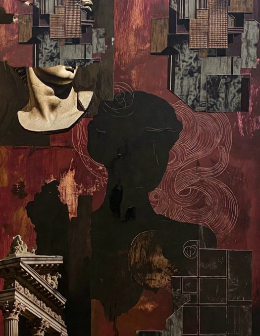 A collage artwork featuring a dark silhouette of a figure with swirling red lines for hair, layered with classical architectural fragments, grid patterns, and red textured backgrounds.