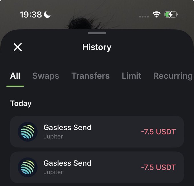 A smartphone screenshot showing a transaction history from the Jupiter app displaying two "Gasless Send" transactions of -7.5 USDT each, totaling 15 USDT, which corresponds to the $15 split giveaway between the two winners mentioned in the post.