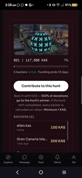 A crowdfunding screenshot shows a "hunt" with 921/117,568 KAS raised (1%), 6 backers, and 13 days remaining, featuring an image of the Las Vegas Sphere. The post "This is epic" likely refers to the impressive scale of the funding goal and the iconic Sphere imagery highlighting the ambitious nature of the project.