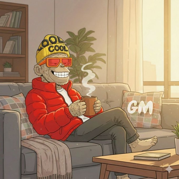 A cheerful monkey wearing a yellow "COOL COOL" beanie, red sunglasses, and a red puffer jacket lounges on a couch sipping a hot drink, with a pillow displaying "GM." The cozy morning vibe mirrors the post's "Good morning" greeting and laid-back curiosity about $ANSEM.