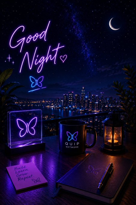 A nighttime scene with a neon "Good Night" sign, two butterfly neon lights, a "QUIP NETWORK" mug, a sticky note reading "Build, Learn, Grow, Repeat," a notebook, and a glowing lantern on a balcony overlooking a city skyline under a starry sky with a crescent moon.