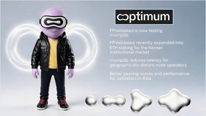 A purple 3D character wearing VR goggles and a leather jacket stands next to the "optimum" logo, with text highlighting that FPvalidated is testing mump2p, FPValidated's expansion into ETH staking for the Korean institutional market, and mump2p's latency benefits for geographically distant node operators.