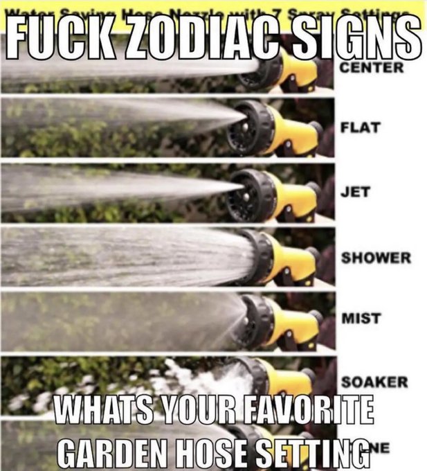 A meme-style image shows a yellow garden hose in six spray settings—CENTER, FLAT, JET, SHOWER, MIST, and SOAKER—with text reading “FUCK ZODIAC SIGNS” and “WHATS YOUR FAVORITE GARDEN HOSE SETTING.” It does not visibly reference Linn’s Leverage #1135 or the listed crypto accounts in the accompanying post.