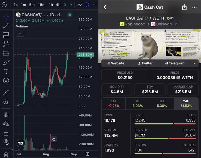 Cryptocurrency trading interface split into two panels: the left shows a TradingView candlestick chart for CASHCAT/WETH with volume data showing 213.60M, and the right displays a DexScreener page for "Cash Cat" token showing price ($0.2160), market cap ($213.5M), and 24-hour gain of 51.53%.