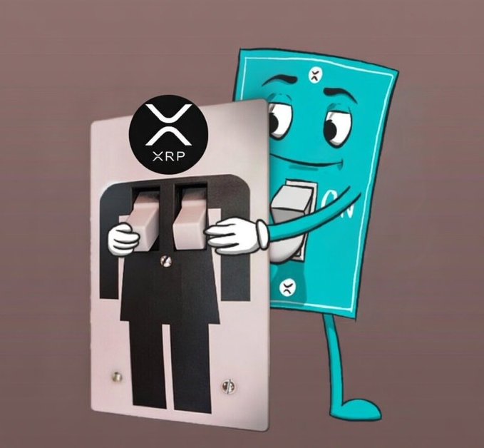 Cartoon illustration of a teal XRP banknote character with expressive eyes and arms, hugging a physical light switch plate featuring the XRP logo.