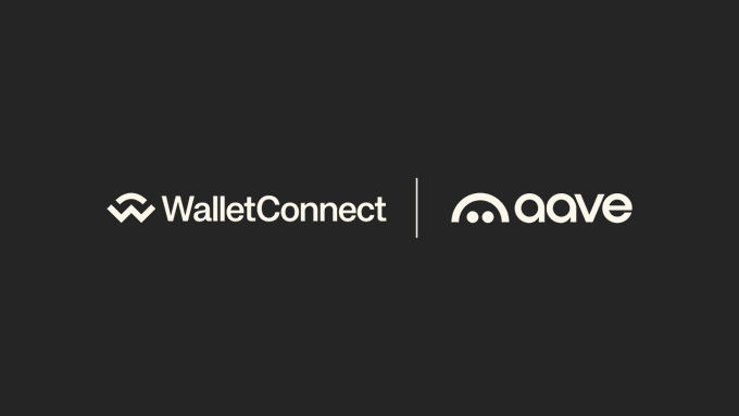 The image displays the logos of WalletConnect and Aave side-by-side on a black background, visually representing the partnership highlighted in the post about tens of billions in transaction volume flowing into Aave through the WalletConnect Network in H1 2026.