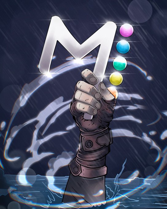 An illustrated robotic hand emerging from water, gripping a glowing white 'M' logo with colorful orbs beside it, set against a dark stormy background.