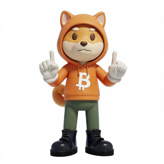 3D-rendered cartoon character resembling a Shiba Inu dog wearing an orange hoodie with a Bitcoin (₿) logo, green pants, and black boots, making finger-gun gestures.