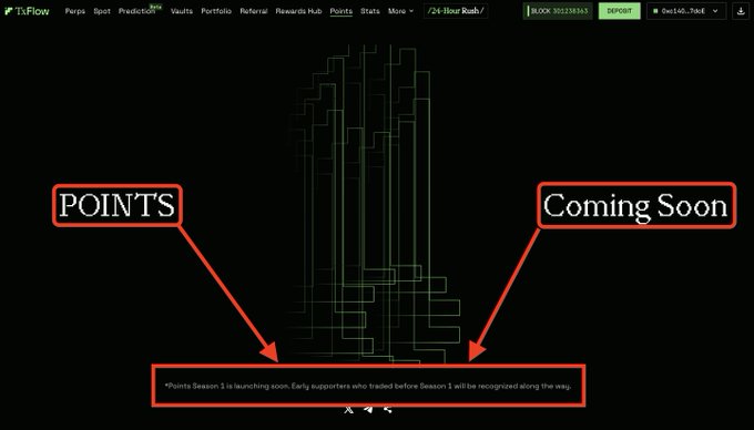 A TikFlow Points page screenshot showing 'POINTS' and 'Coming Soon' labels pointing to a section that reads '*Points Season 1 is launching soon. Early supporters who traded before Season 1 will be recognized along the way.'