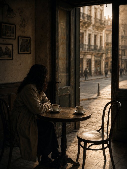 A lone figure sits at a small round café table with two coffee cups, gazing out an open doorway onto a quiet European street in this melancholic, sepia-toned scene. The contemplative atmosphere evokes the moody, introspective feeling suggested by the "Reserved for Tomorrow" title from the 3/5 edition collection.