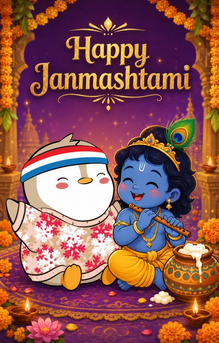 A colorful illustration celebrating Janmashtami, featuring a cartoon character and the blue-skinned Hindu deity Krishna playing a flute, surrounded by flowers and candles.