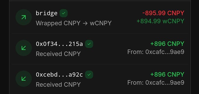 A cryptocurrency transaction history showing a bridge transaction wrapping CNPY to wCNPY, plus two received CNPY transactions of +896 CNPY each.