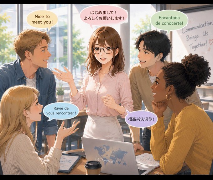 An illustration of a language study session shows five diverse people gathered around a laptop displaying a world map, with speech bubbles containing greetings in English, Japanese, Spanish, French, and Chinese.