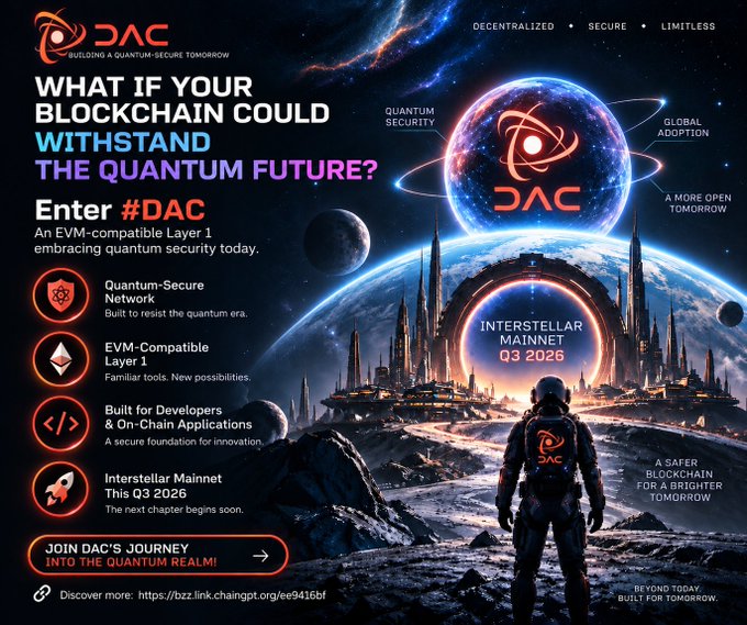A promotional graphic for 'DAC' (Decentralized Autonomous Chain) advertising an EVM-compatible Layer 1 blockchain with quantum security, featuring space-themed artwork with 'Interstellar Mainnet Q3 2026' and a link 'https://bzz.link.chaingpt.org/6e9416bf'.