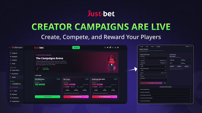 Just.bet advertisement announcing 'CREATOR CAMPAIGNS ARE LIVE' with the tagline 'Create, Compete, and Reward Your Players,' showing dashboard screenshots.