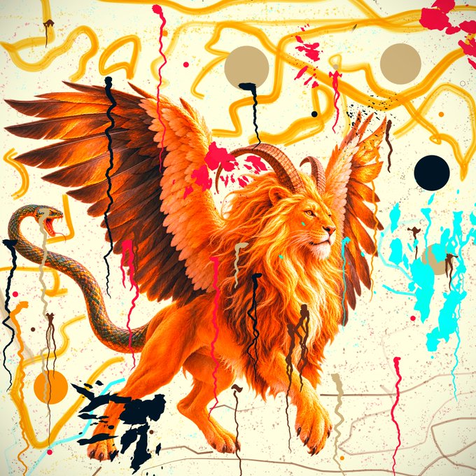 A vibrant fantasy illustration of a winged lion with a serpent-like tail, rendered in orange and gold tones with colorful paint splatters.