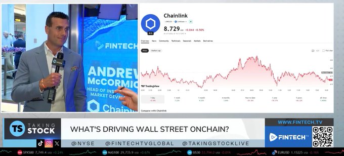 A screenshot of a live financial news broadcast on FINTECH TV featuring host Andrew McCormick, with a 'TAKING STOCK' banner asking 'WHAT'S DRIVING WALL STREET ONCHAIN?' and a visible chart for Chainlink (LINK) priced at 8.729, down -0.04 -0.58%.