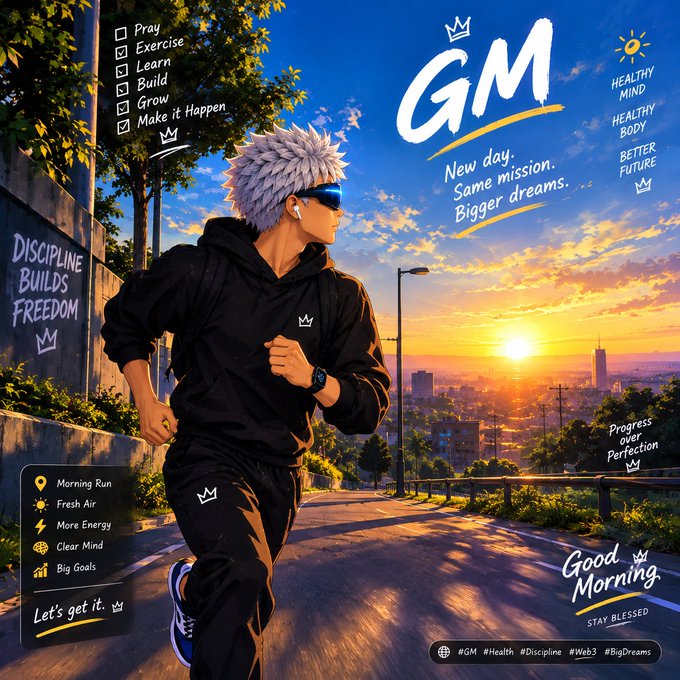 An anime-style 'Good Morning' illustration featuring a character with white spiky hair running at sunrise, accompanied by motivational text including 'GM - New day, Same mission, Bigger dreams' and various checkboxes for habits.