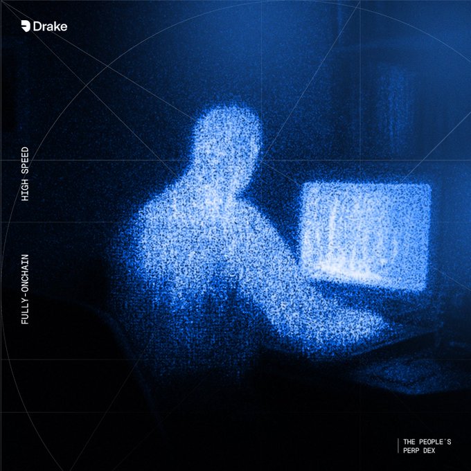 A dark blue promotional graphic for 'Drake' labeled 'THE PEOPLE'S PERP DEX' on the bottom right, featuring a glowing blue digital silhouette of a person using a laptop with text 'FULLY-ONCHAIN' and 'HIGH SPEED' running vertically on the left.