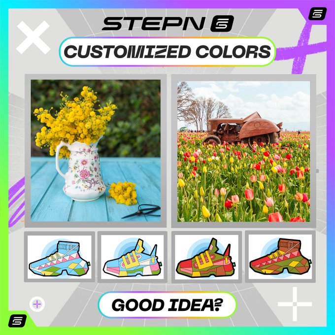 The image features a pair of sneakers with various colorful designs, including yellow flowers, red flowers, and green shoes. The sneakers are displayed against a blue background, which contrasts nicely with their vibrant colors. The caption reads "Good idea?" and "Customized Colors", suggesting that this feature could be an interesting addition to the sneaker customization process or a way for users to express their personal style through their footwear choices.