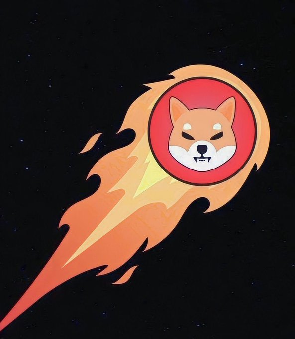 The image shows a stylized Shiba Inu dog face enclosed in a red circle, trailed by an orange and red flaming comet against a starry black background—evoking the iconic "dogecoin rocket" meme and visually reinforcing the post's teaser of a major upcoming event for $SHIB.