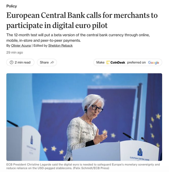 A CoinDesk article headlined "European Central Bank calls for merchants to participate in digital euro pilot" features ECB President Christine Lagarde speaking at a podium, with the caption noting the digital euro is needed to safeguard Europe's monetary sovereignty and reduce reliance on USD-pegged stablecoins—directly illustrating the ECB's push to recruit merchants for the upcoming 12-month pilot.